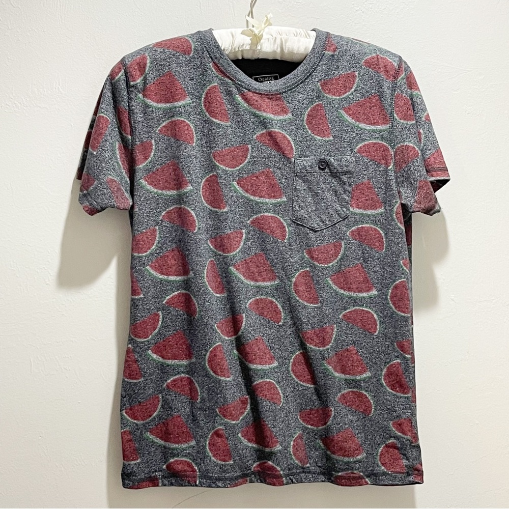 CREATIVE DESTRUCTION Men’s Dark Gray Watermelon Print Pocket T-Shirt Size Large